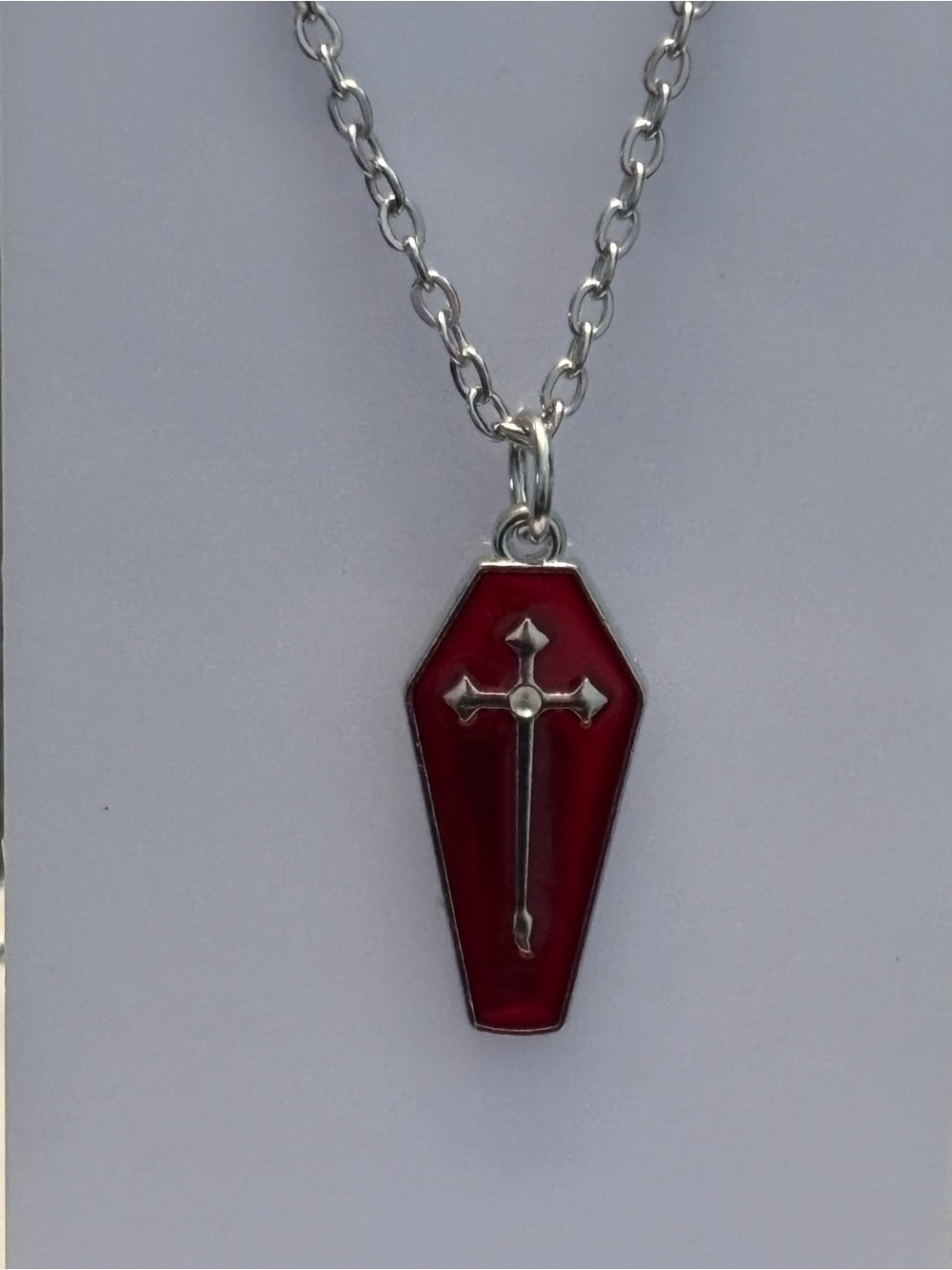 Silver Tone Coffin Pendant Necklace, Raised Cross, Red Enamel, Gothic Coffin Cha